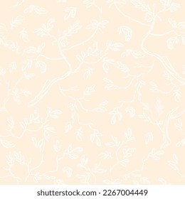 Engraving hand drawn tree branch sketch pattern. Beige branch on background. Vector flora illustration