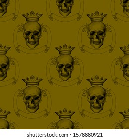 Engraving human death skull in crown. Seamless pattern gold. Gothic coat of arms with skull with crown. Tattoo design element. Vector illustration for wallpaper, textile print, wrapping paper.