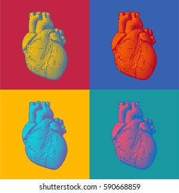 Engraving human heart illustration in pop art colorful four style 
