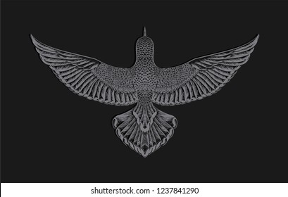 Engraving hummingbird. Feathers pattern. Grey wild animal on the black background.