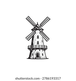 Engraving of a Iconic Windmill Logo Black and White Vector Illustration.