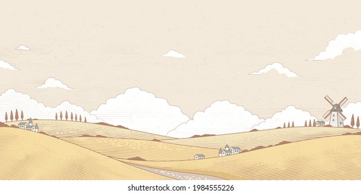 Ilustración de la aldea agrícola, incluidos los campos de trigo, molinos de viento y granos