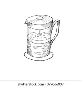 Engraving illustration of French press pot for making coffee isolated on white background