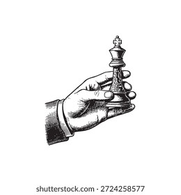 Grabado ilustración de una mano sosteniendo una pieza de ajedrez rey sobre un fondo blanco.