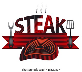 engraving illustration of steak sign and logo