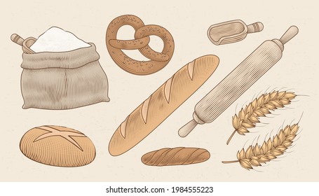 Engraving Illustrations Of Bread, Baking Utensils, And Raw Materials For The Making Process