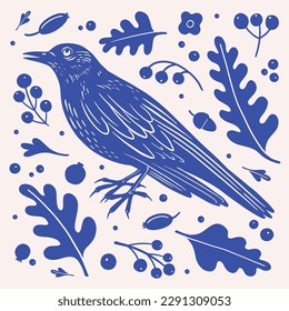 Engraving impression of blue cuckoo. Forest bird among leaves and berries in style of screen printing. Element for design of postcards, books, packaging. Vector illustration on isolated background.