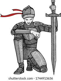 Engraving ink drawn kneeling knight vector illustration. Etching style warrior in medieval armor and sword. 