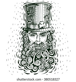 Engraving Irish leprechaun with a curly beard in hat, St Patrick's Day