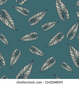 Engraving leaf araceae seamless pattern. Vintage leaves background. Repeated texture in hand drawn style for fabric, wrapping paper, wallpaper, tissue. Vector illustration.