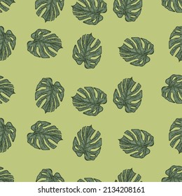 Engraving leaf monstera seamless pattern. Vintage leaves background. Repeated texture in hand drawn style for fabric, wrapping paper, wallpaper, tissue. Vector illustration.