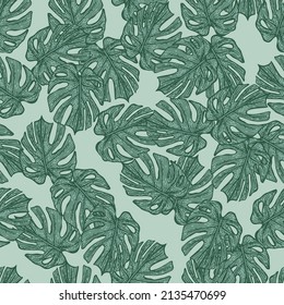 Engraving leaf monstera seamless pattern. Vintage leaves background. Repeated texture in hand drawn style for fabric, wrapping paper, wallpaper, tissue. Vector illustration.