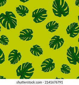 Engraving leaf monstera seamless pattern. Vintage leaves background. Repeated texture in hand drawn style for fabric, wrapping paper, wallpaper, tissue. Vector illustration.