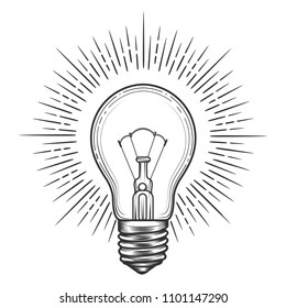 Engraving light bulb. Vintage engraved light for idea or illumination concepts vector illustration