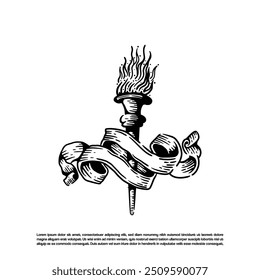 Engraving light torch flame vector with ribbon illustration