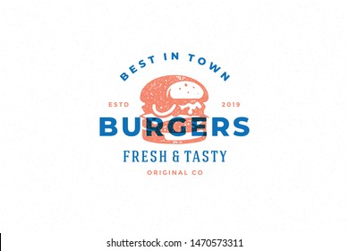 Engraving logo burger silhouette and modern vintage typography hand drawn style vector illustration. Hamburger label for fast food packaging and restaurant menu decoration.