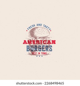 Engraving logo burger silhouette and modern vintage typography hand drawn style vector illustration. Hamburger label for fast food packaging and restaurant menu decoration.