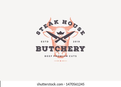 Engraving logo cow head silhouette and modern vintage typography hand drawn style vector illustration. Logotype for butchery emblem, farm meat market packaging and barbecue restaurant menu decoration.