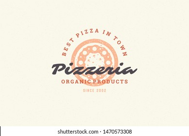 Engraving logo pizza silhouette and modern vintage typography hand drawn style vector illustration. Pizzeria label for fast food packaging and restaurant menu decoration.