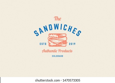 Engraving logo sandwich silhouette and modern vintage typography hand drawn style vector illustration. Fast food label for packaging and restaurant menu decoration.