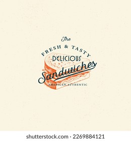 Engraving logo sandwich silhouette and modern vintage typography hand drawn style vector illustration. Fast food label for packaging and restaurant menu decoration.