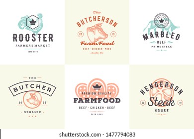 Engraving logos and labels farm animals with modern vintage typography hand drawn style set vector illustration. Rooster, pig and cow silhouettes for farm market packaging and restaurant menu.