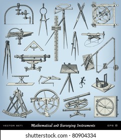 Instrumento matemático y topográfico grabado en "La enciclopedia completa de ilustraciones" que contiene las ilustraciones de La enciclopedia iconográfica de la ciencia y el arte, 1851. Vector.