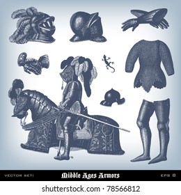 Engraving Middle Ages Armor illustrations from atlas published in 1851 (The iconographic encyclopedia of science, literature and art). Vector image.