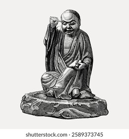 Engraving of a monk statue. The monk is seated, holding a book. The statue depicts a serene monk in traditional robes, capturing a moment of contemplation. Vintage illustration isolated, vector.