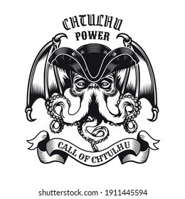 Engraving monochrome emblem with Cthulhu head in cap vector illustration. Vintage sign or sticker with legendary creature from ocean. Horror and mythology concept can be used for sticker and badge