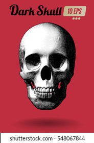 Engraving monochrome skull vector illustration in front view on red background