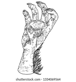 Engraving monster hand, zombie, werewolf, dragon or vampire palm hand with long nails in attack gesture. Vector. 