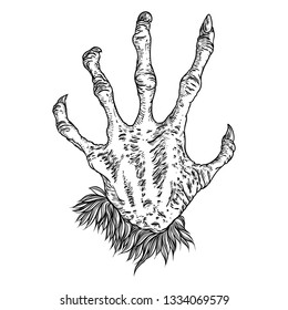 Engraving monster hand, zombie, werewolf, dragon or vampire palm hand with long nails in attack gesture. Vector. 