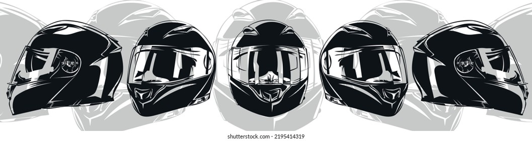 engraving motorcycle helmet foreshortening, black and white illustration