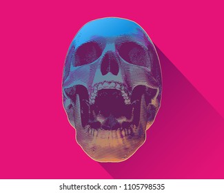 Engraving multi color skull illustration scream on pink background with shadow