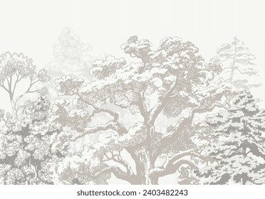 Engraving Mural Vintage Trees. Graphics in Toile de Jouy style. Trees Wildlife Wallpaper