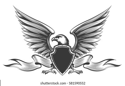 Engraving old painting american bald eagle with wings, shield and ribbon mascot vector isolated on white background