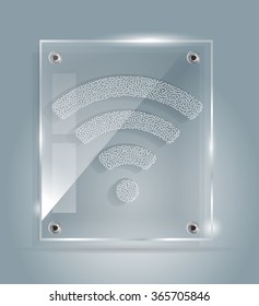 Engraving on glass. Icon free wi-fi on a glass plate. Glass design. Elements of decor. Signboard. Baner.