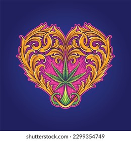 Engravamiento ornamento marco clásico cardíaco con ilustraciones sagradas de marihuana vector para el logo de tu trabajo, camiseta de mercadería, pegatinas y diseños de etiquetas, afiche, tarjetas de felicitación comercial 