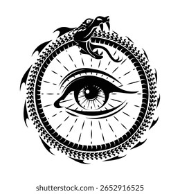 Gravando símbolo esotérico de ouroboros. Snake morde seu rabo com todos vendo olho dentro emblema ilustração vetor isolado