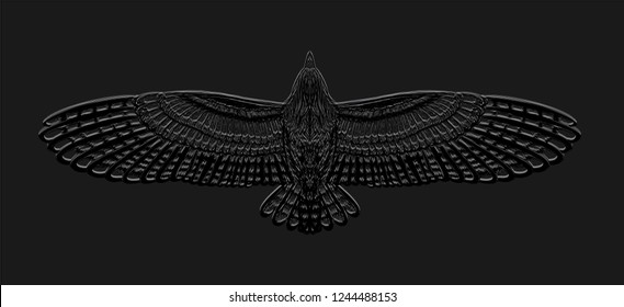 Engraving owl on the black background. Dark backdrop. Flying bird. Skech print for t shirt.