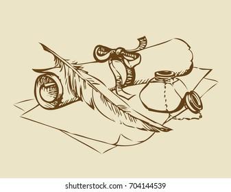 Engraving paperback still life with inkpot, roll, swan feather isolated on white backdrop. Freehand outline hand drawn picture sketch in artistic retro style pencil on parchment with space for text