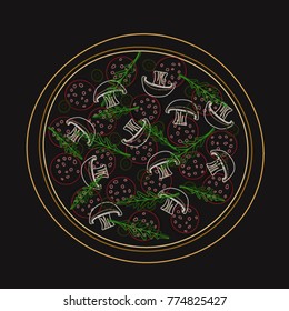 Engraving of pizza on black. Linear or contour pizza. Vector illustration. Isolated