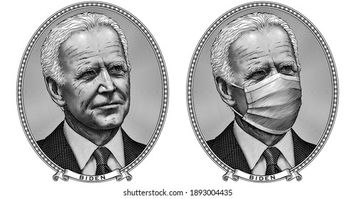 Engraving portrait of Joe Biden. Smiling president of US in the oval frame. Additional image of American leader with a surgical face mask. Metaphor about economic crisis during the COVID pandemic.