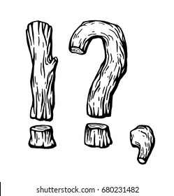 engraving punctuation marks !?, (Question mark, exclamation point, comma)  made of wood on the white