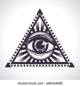 Engraving pyramid with round of all seeing eye. Vector isolated illustration. Black and white image. symbol freemason. Sketch for tattoo art, print t-shirt.