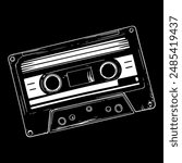 Engraving of retro audio cassette with magnetic film and reels. Monochrome outline vector image for music cover artwork