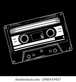 Engraving of retro audio cassette with magnetic film and reels. Monochrome outline vector image for music cover artwork