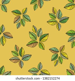 Engraving. Seamless pattern of hand drawn linear hatching. The leaves on the trees. Old paper. Vector illustration. Can be used for wallpaper, textile, invitation card, wrapping, web page background.