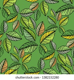 Engraving. Seamless pattern of hand drawn linear hatching. The leaves on the trees. Old paper. Vector illustration. Can be used for wallpaper, textile, invitation card, wrapping, web page background.